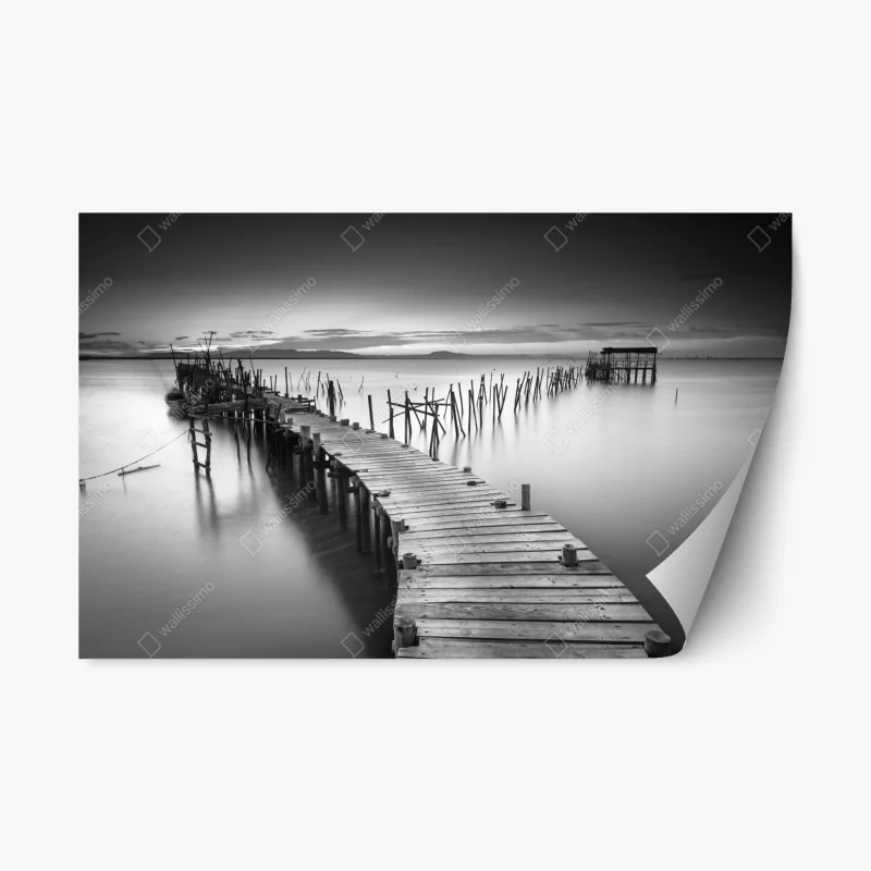 Repositionable sticker serene wooden pier at dusk