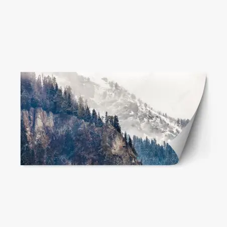 Repositionable sticker misty mountain cliff with pine forest • Wallissimo®
