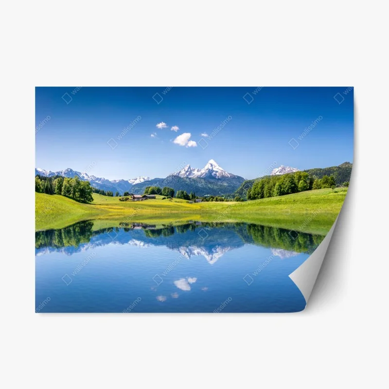 Repositionable sticker alpine peaks reflected in a tranquil lake