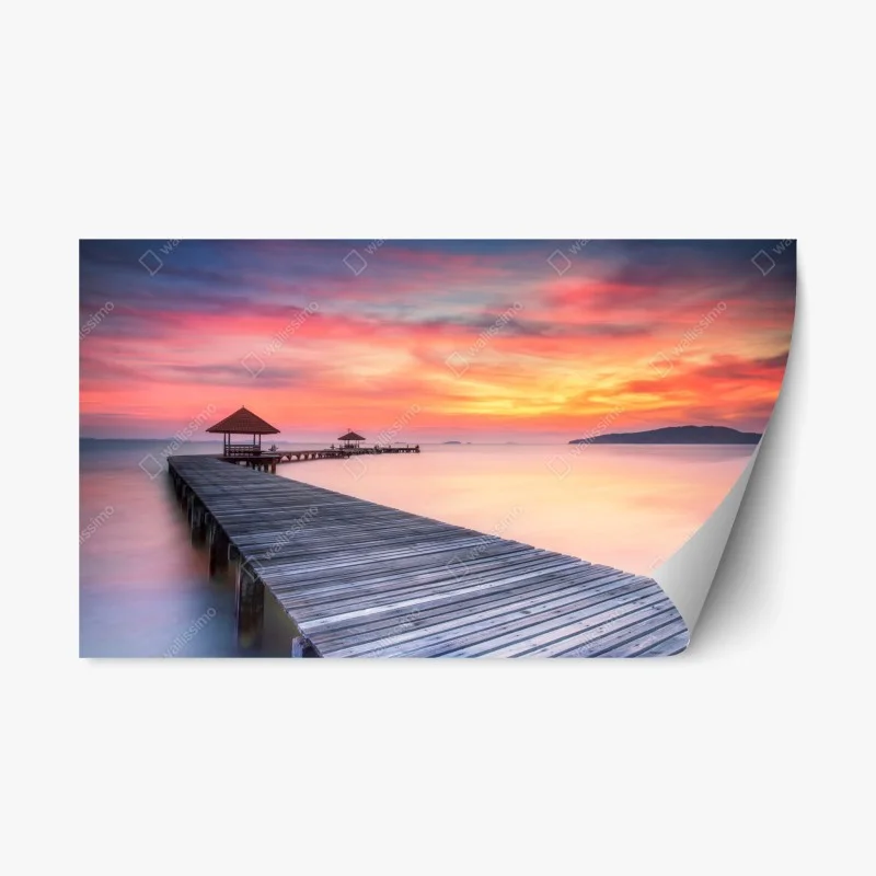 Repositionable sticker serene sunrise over wooden pier