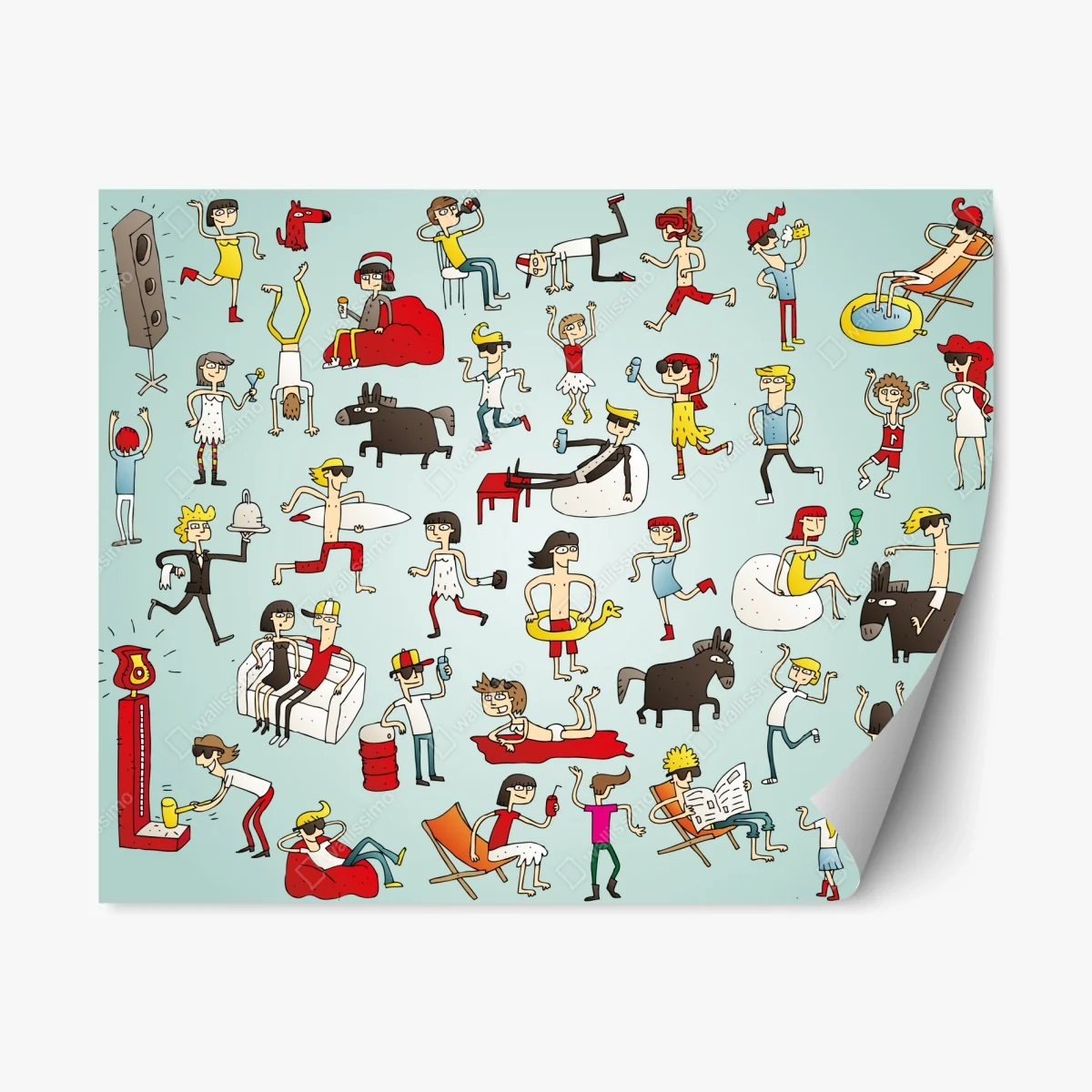 Repositionable sticker playful cartoon crowd on turquoise background ⁕ Wallissimo® Repositionable sticker playful cartoon crowd on turquoise background ⁕ Wallissimo®