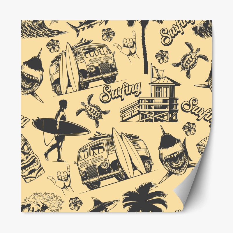 Repositionable sticker retro surf pattern with van and waves