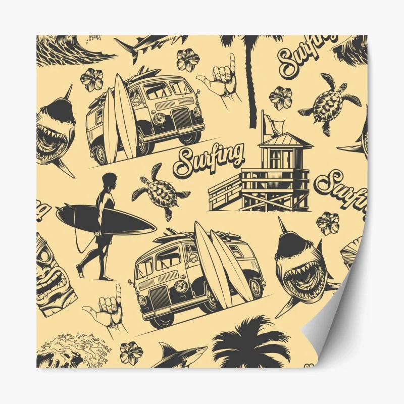 Repositionable sticker retro surf pattern with van and waves