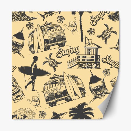 Repositionable sticker retro surf pattern with van and waves • Wallissimo®