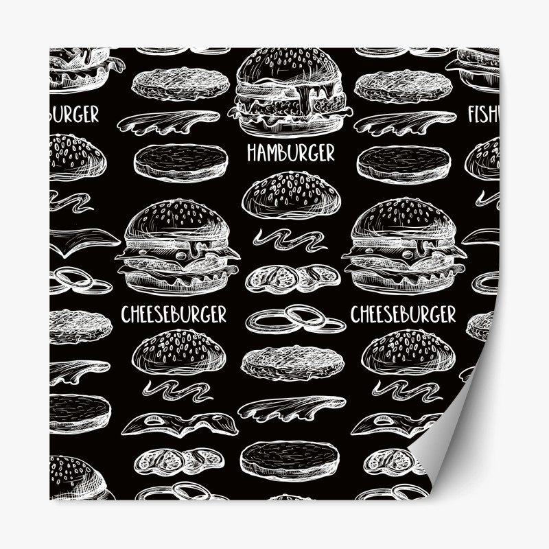 Repositionable sticker hand-drawn burger pattern on black background