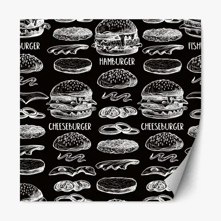 Repositionable sticker hand-drawn burger pattern on black background • Wallissimo®