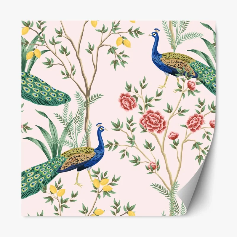 Repositionable sticker elegant peacock and floral pattern on pink