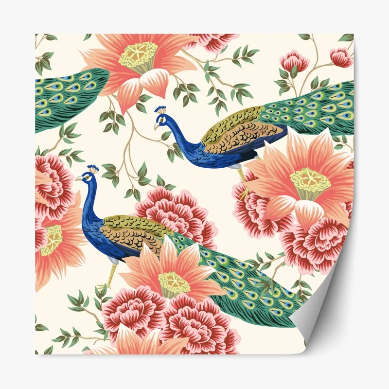 Repositionable sticker elegant peacock floral wallpaper pattern