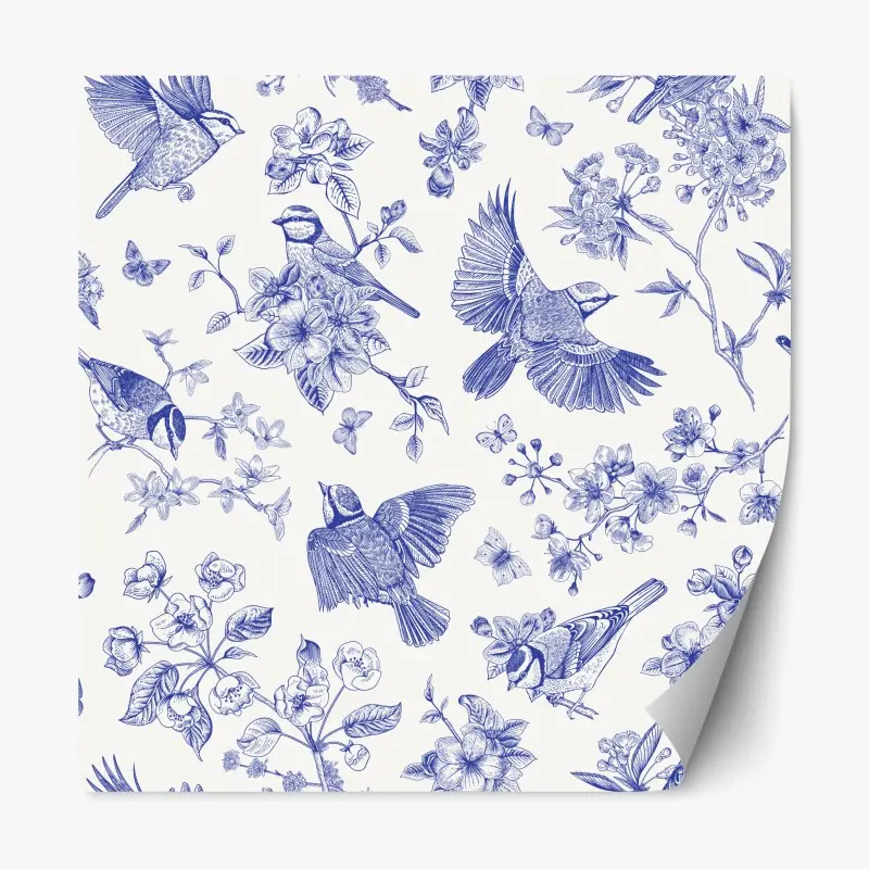 Repositionable sticker blue vintage bird and blossom pattern