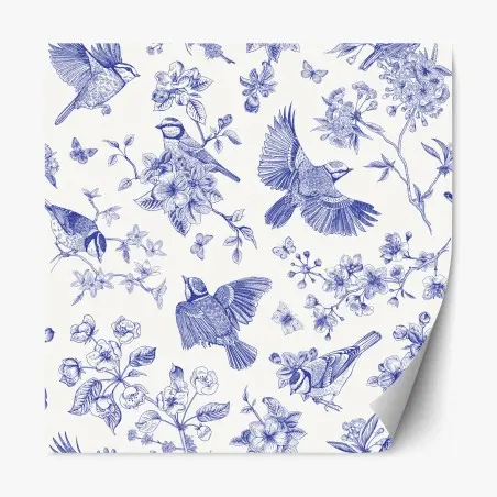 Repositionable sticker blue vintage bird and blossom pattern • Wallissimo®