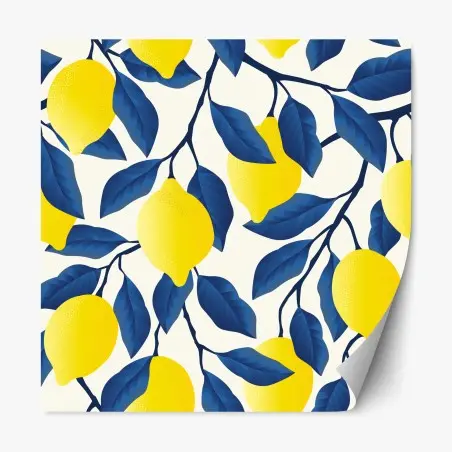 Repositionable sticker vibrant lemon pattern with blue leaves • Wallissimo®