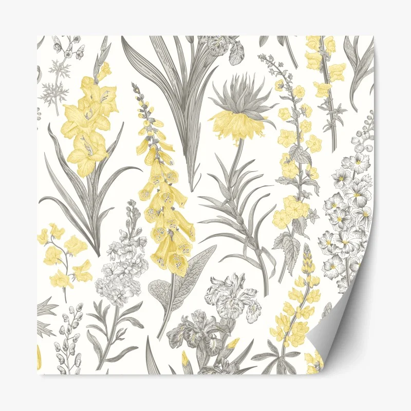 Repositionable sticker vintage botanical floral pattern in yellow and gray