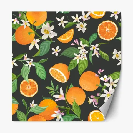 Repositionable sticker orange blossom citrus pattern on dark background • Wallissimo®