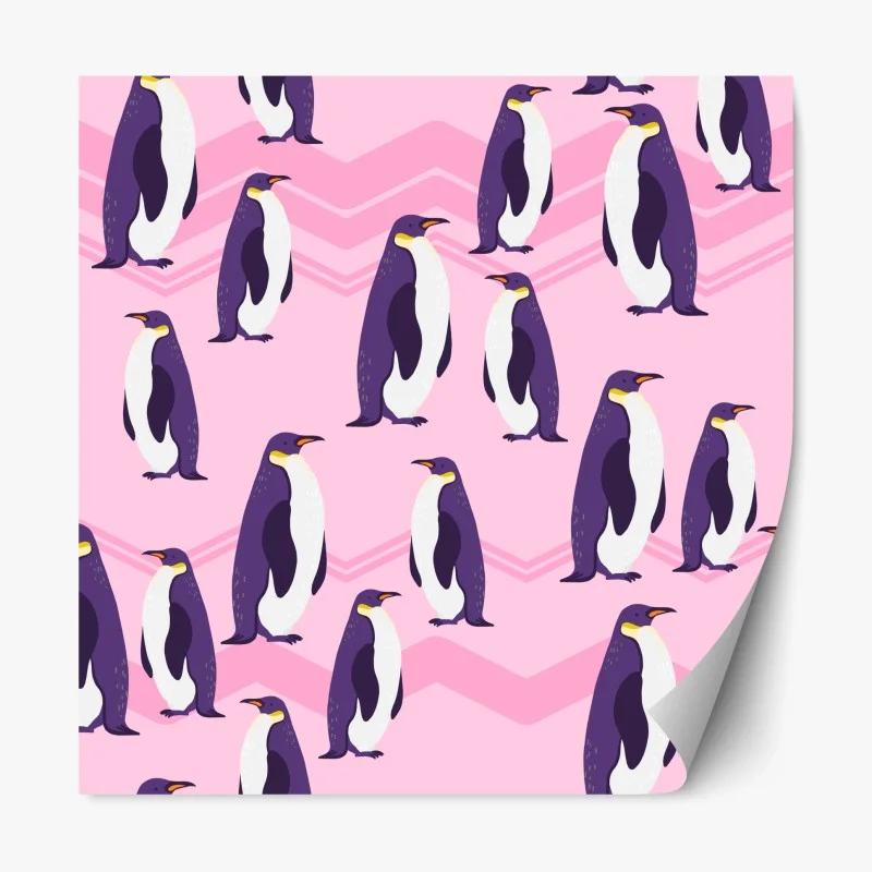 Repositionable sticker playful purple penguin pattern on pink background