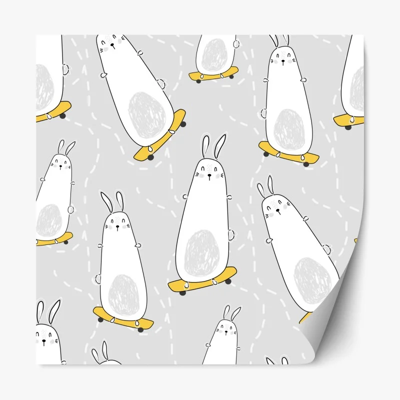 Repositionable sticker playful skateboarding bunnies pattern