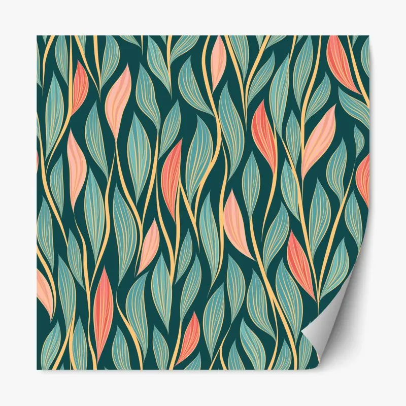 Repositionable sticker botanical leaf pattern in teal and coral
