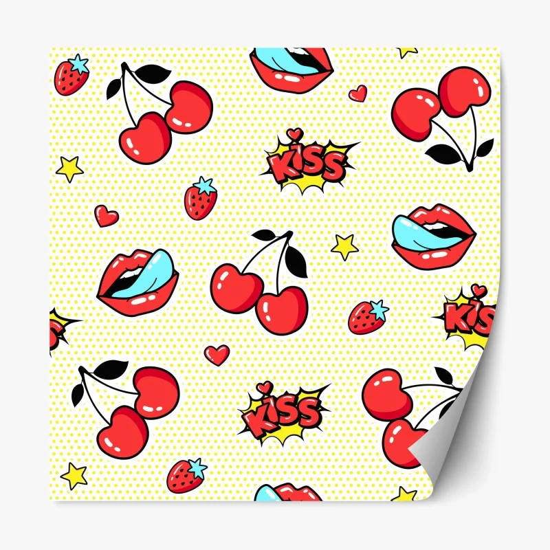 Repositionable sticker playful pop art cherry kiss pattern