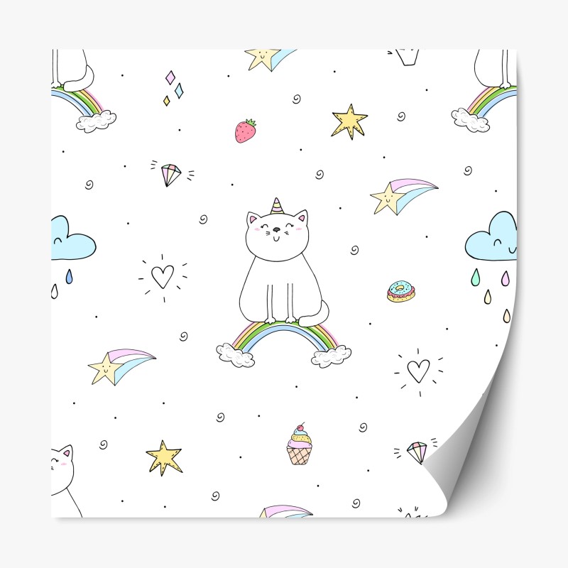 Repositionable sticker pastel unicorn cat and rainbow pattern