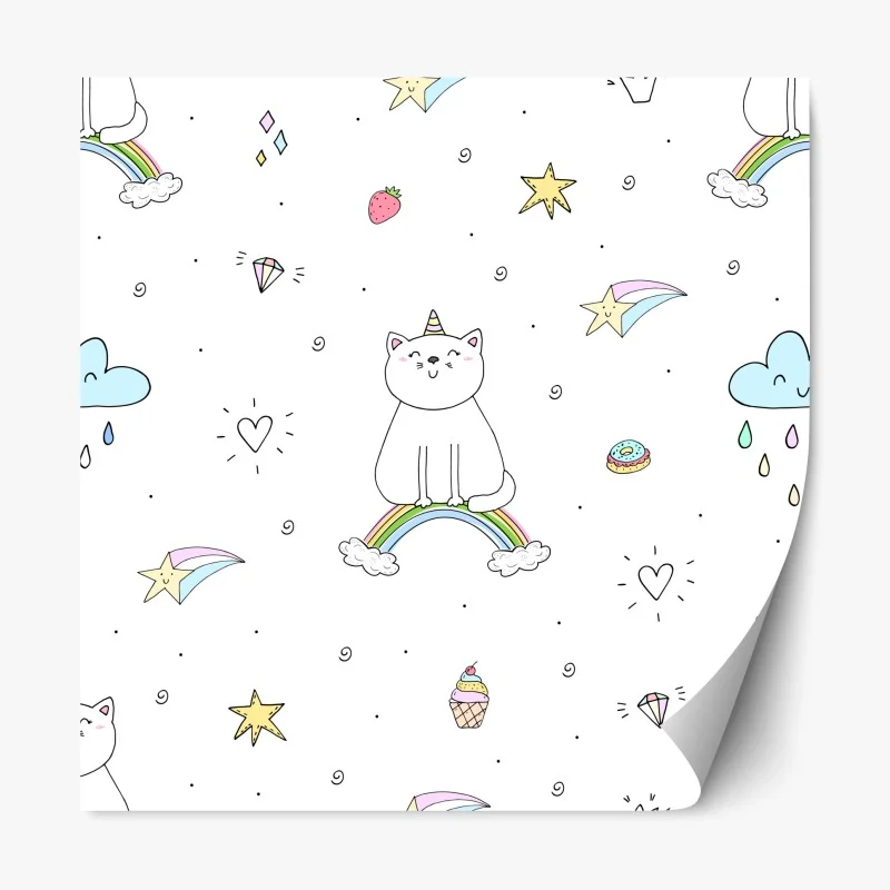 Repositionable sticker pastel unicorn cat and rainbow pattern