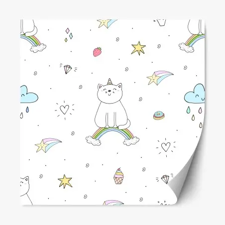 Repositionable sticker pastel unicorn cat and rainbow pattern • Wallissimo®