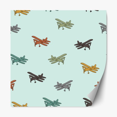 Repositionable sticker vintage biplane pattern on turquoise background • Wallissimo®
