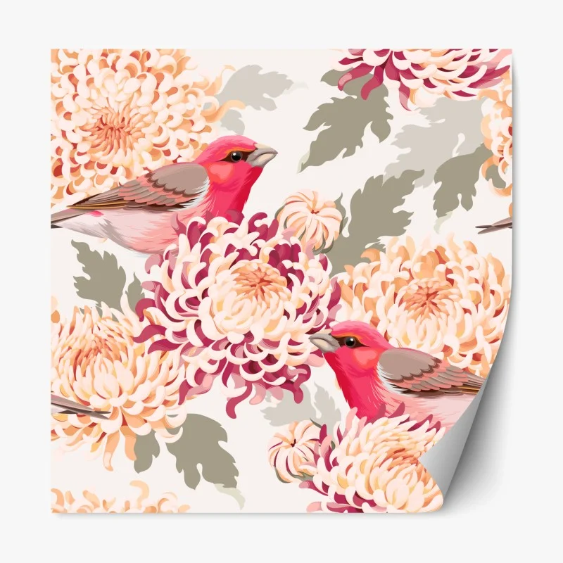 Repositionable sticker pink birds and chrysanthemum floral pattern