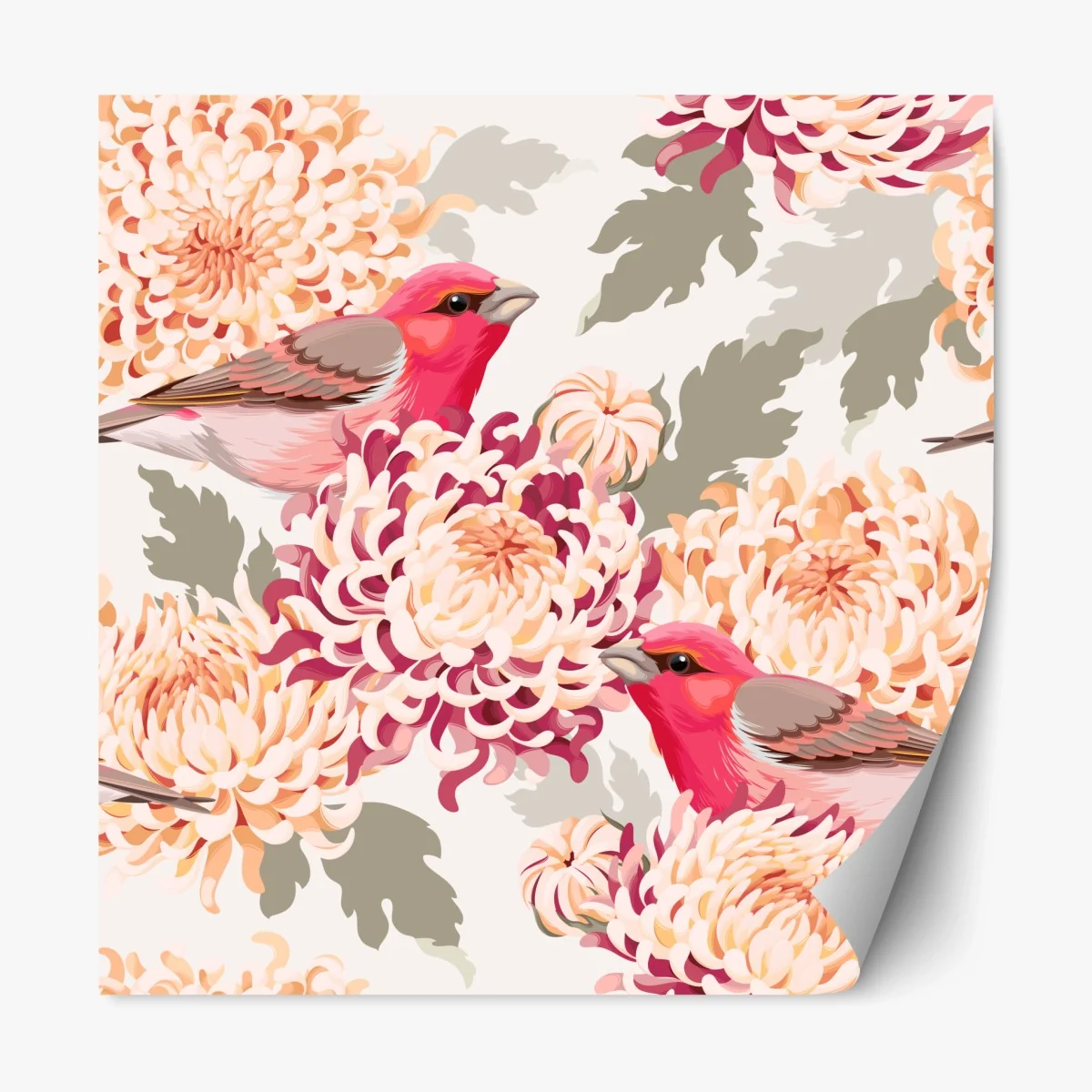 Repositionable sticker pink birds and chrysanthemum floral pattern ⁕ Wallissimo® Repositionable sticker pink birds and chrysanthemum floral pattern ⁕ Wallissimo®