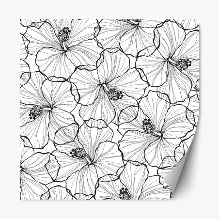Repositionable sticker black and white hibiscus line art pattern • Wallissimo®