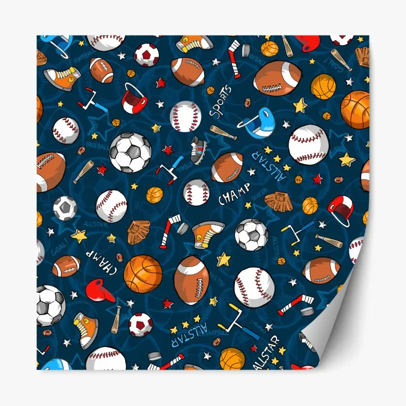 Repositionable sticker playful sports pattern on navy background