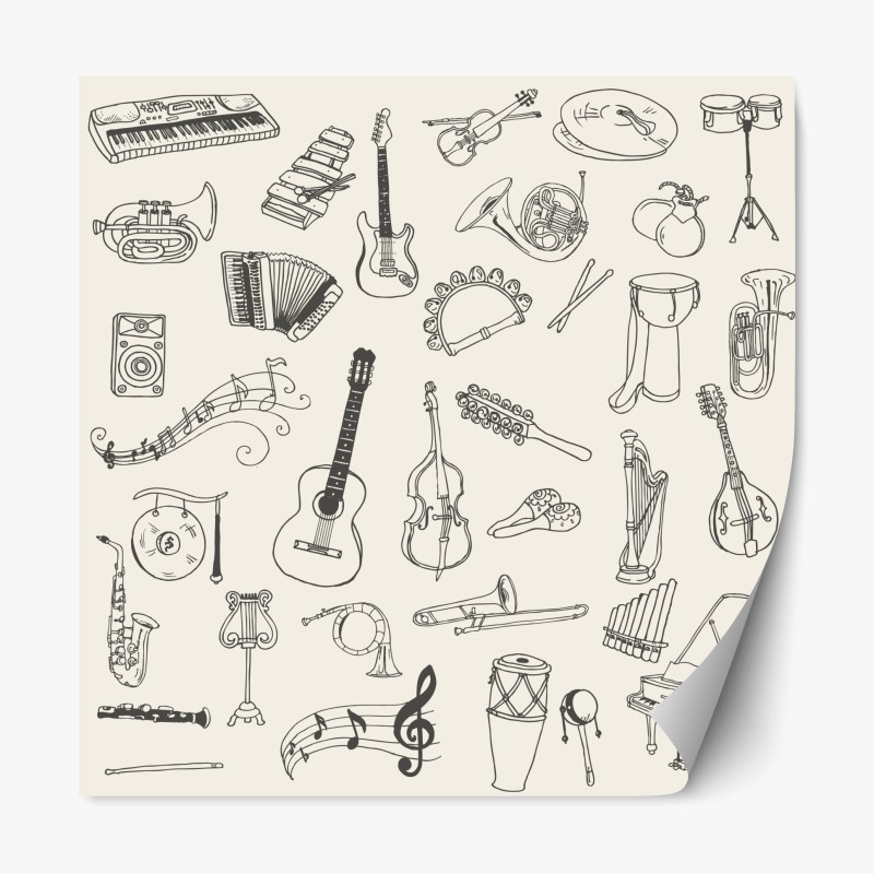 Repositionable sticker hand-drawn musical instruments collage