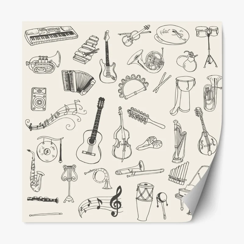 Repositionable sticker hand-drawn musical instruments collage