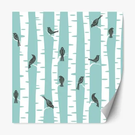 Repositionable sticker turquoise birch forest with birds • Wallissimo®