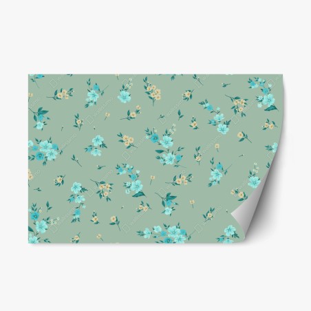 Repositionable sticker turquoise floral pattern on sage background • Wallissimo®