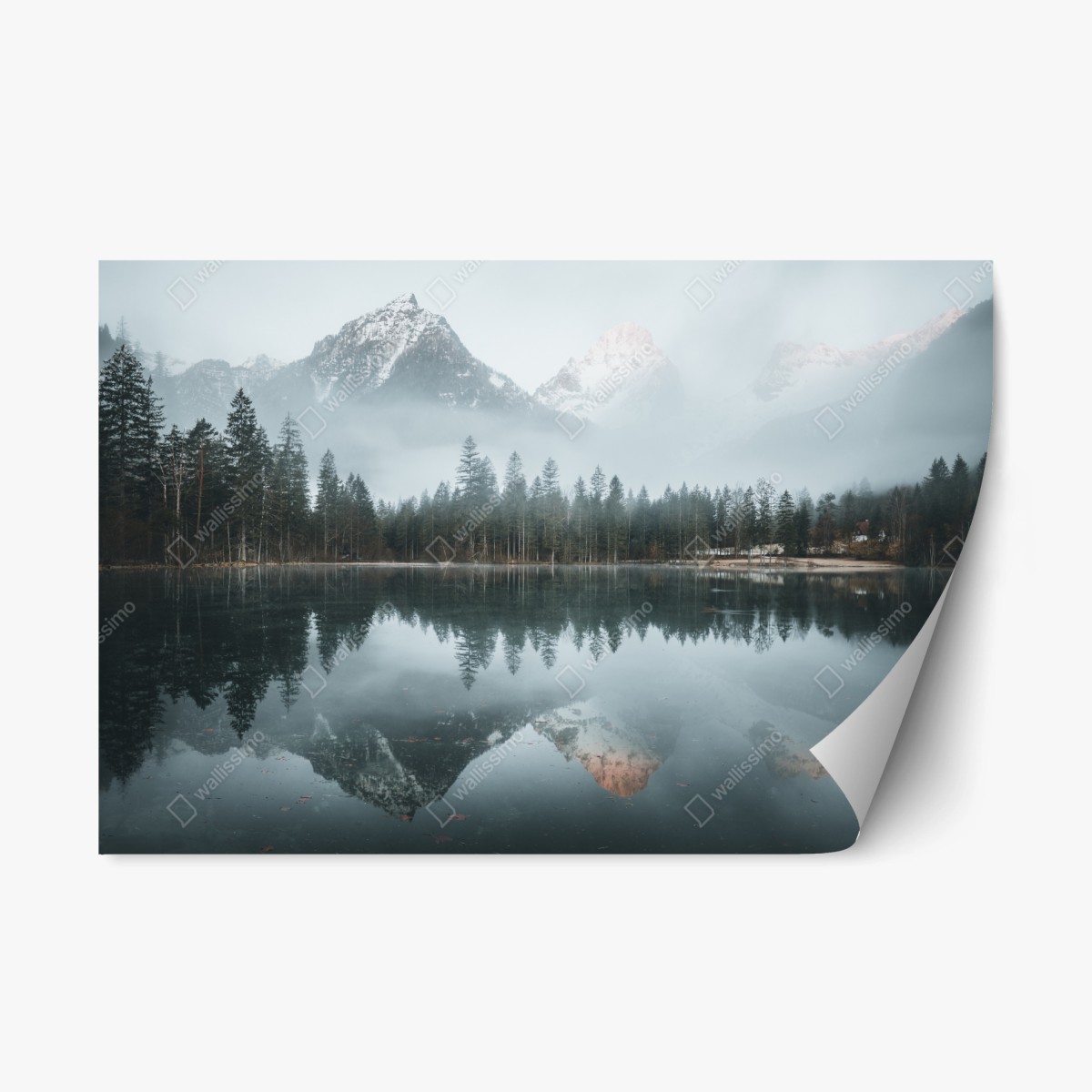 Repositionable sticker misty alpine reflection over tranquil lake • Wallissimo®