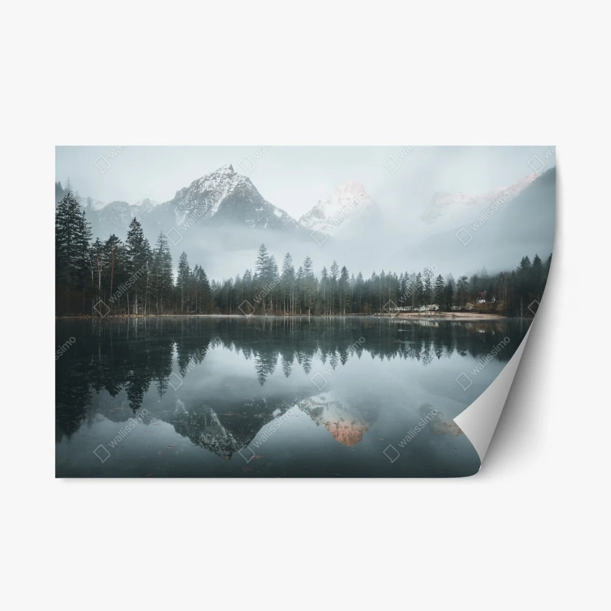 Repositionable sticker misty alpine reflection over tranquil lake • Wallissimo® Repositionable sticker misty alpine reflection over tranquil lake • Wallissimo®