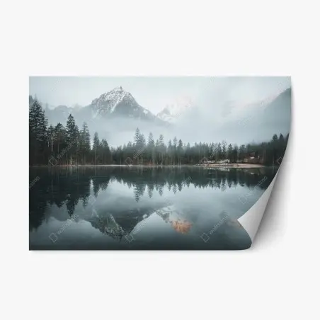 Repositionable sticker misty alpine reflection over tranquil lake • Wallissimo®