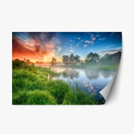 Repositionable sticker sunrise mist over riverbanks • Wallissimo®