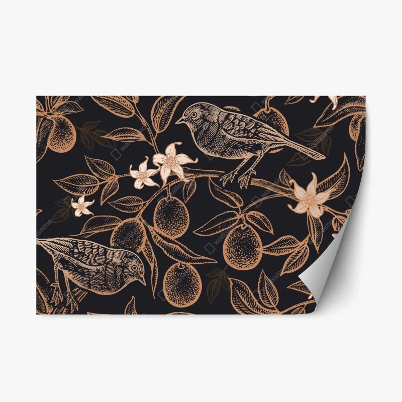 Repositionable sticker vintage bird and citrus botanical pattern