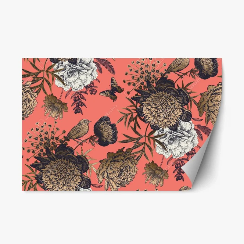 Repositionable sticker vintage floral bird pattern on coral background