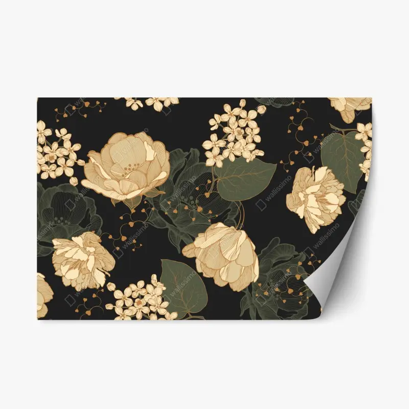 Repositionable sticker golden peonies on dark botanical background