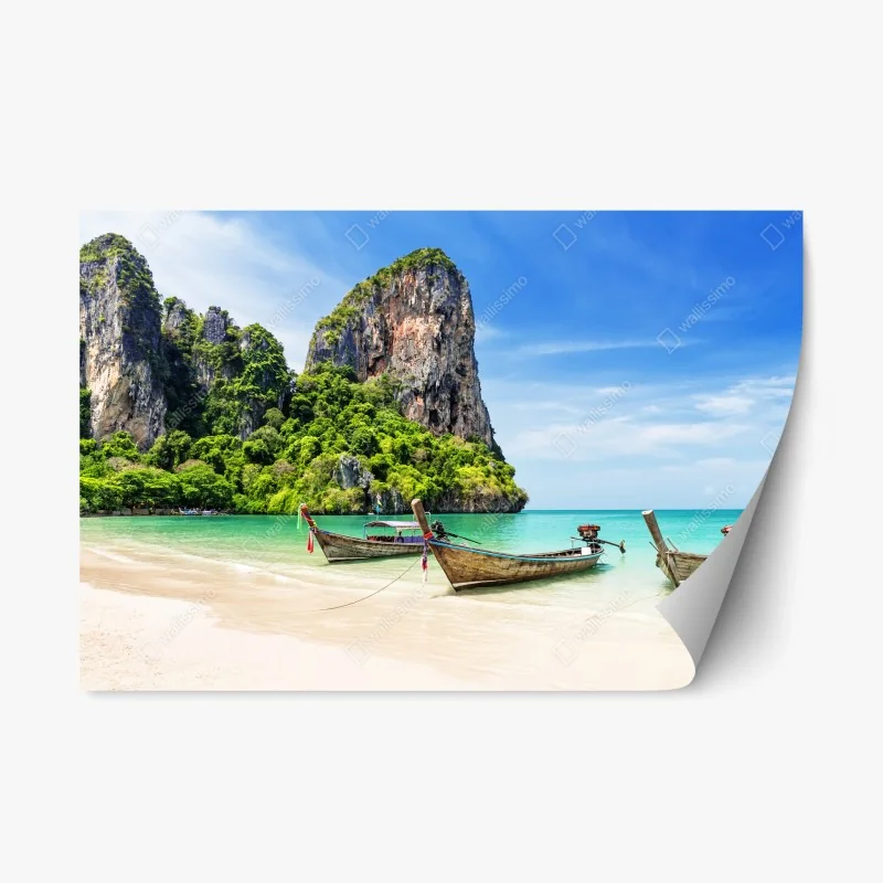 Repositionable sticker serene longtail boats at Railay Beach, Thailand