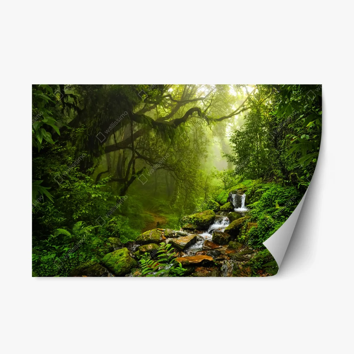 Repositionable sticker lush misty forest waterfall • Wallissimo® Repositionable sticker lush misty forest waterfall • Wallissimo®