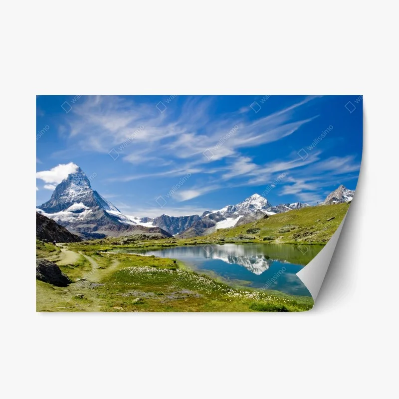 Repositionable sticker majestic alpine lake with mountain reflection