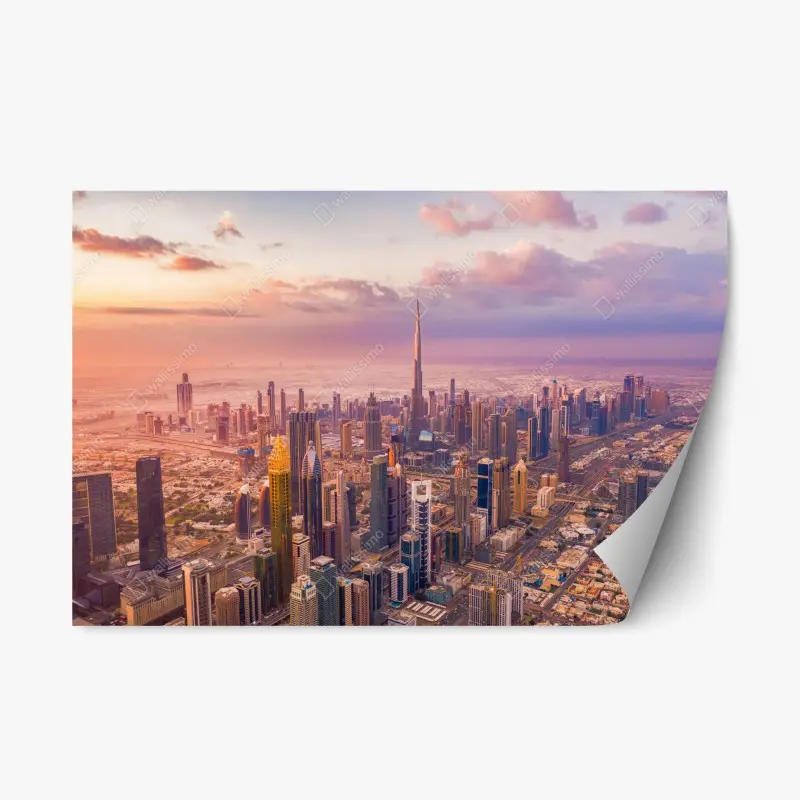 Repositionable sticker sunset skyline over Dubai with Burj Khalifa