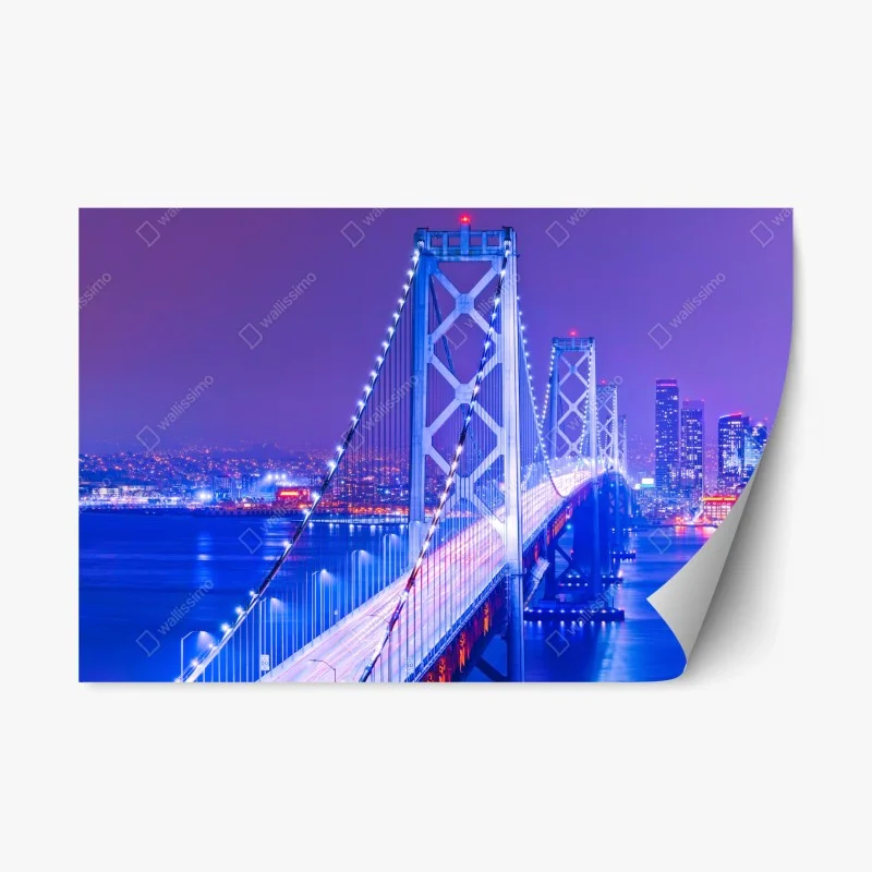 Repositionable sticker illuminated suspension bridge and city skyline at night