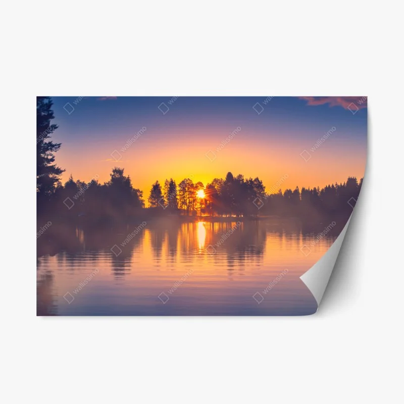 Repositionable sticker misty lakeside sunset reflections