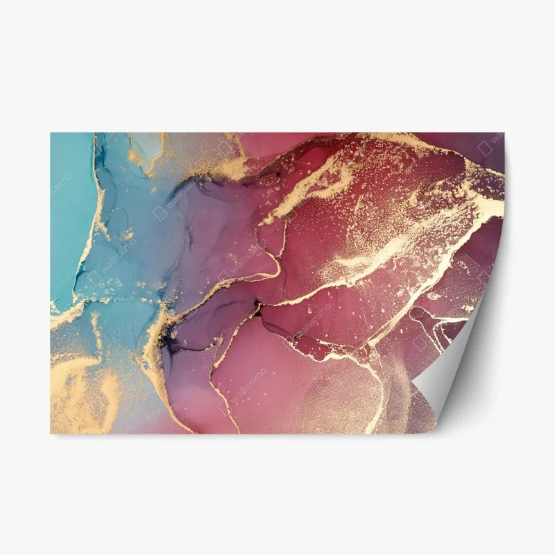 Repositionable sticker abstract purple and turquoise marble art with gold veins
