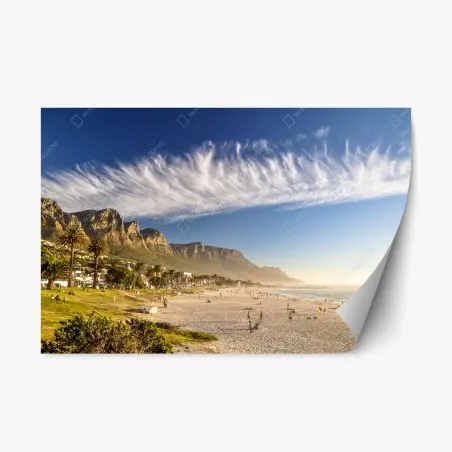 Repositionable sticker sunlit beach with mountain backdrop • Wallissimo®