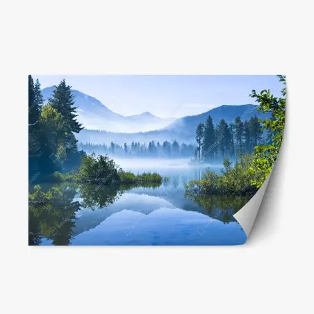 Repositionable sticker misty mountain lake reflection • Wallissimo®