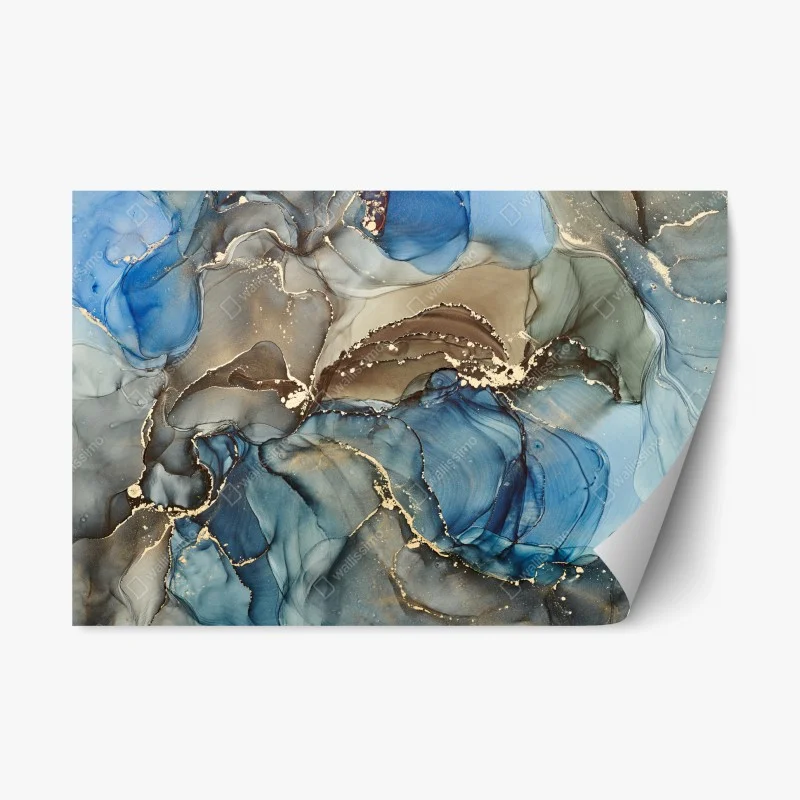 Repositionable sticker blue and gold fluid abstract